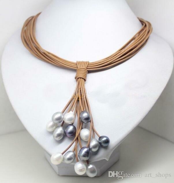 Collier magnétique en cuir avec perles blanches et noires, bijoux à la mode