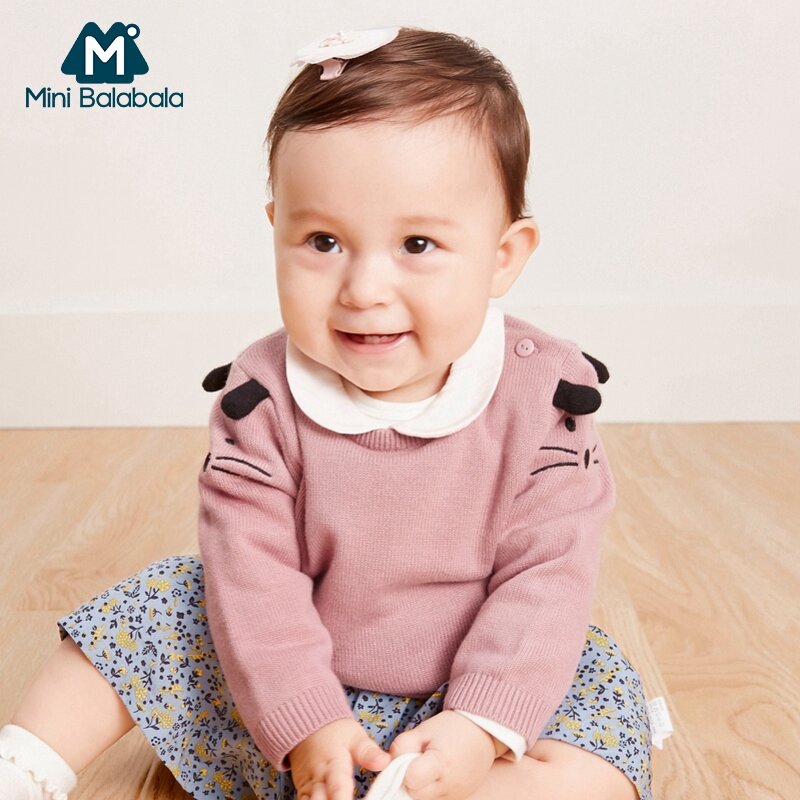 미니 balabala 아기 그래픽 파인 니트 스웨터 탑스 긴 소매 셔츠 유아 신생아 아기 소년 소녀 의류 의류 오픈 어깨