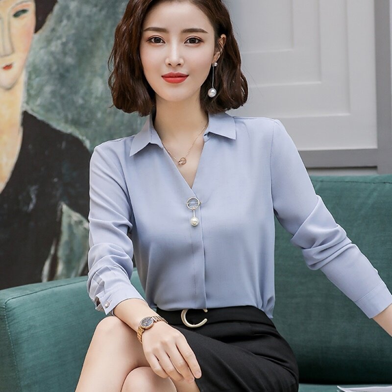 Business Women Tops And Blouses V Neck Summer Solid Color Female Shirt Ol Korean Fashion Woman Clothing Office Wear DD2079