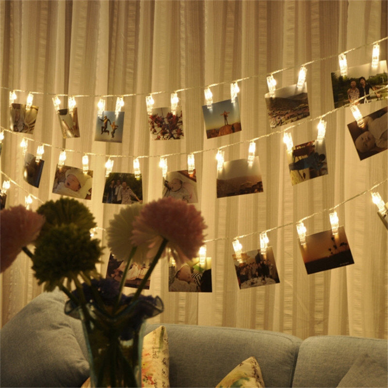 Guirxiété lumineuse LED avec support clip photo, 1m, 3m, 6m, décoration d'intérieur, Noël, nouvel an, mariage, maison, batterie 62