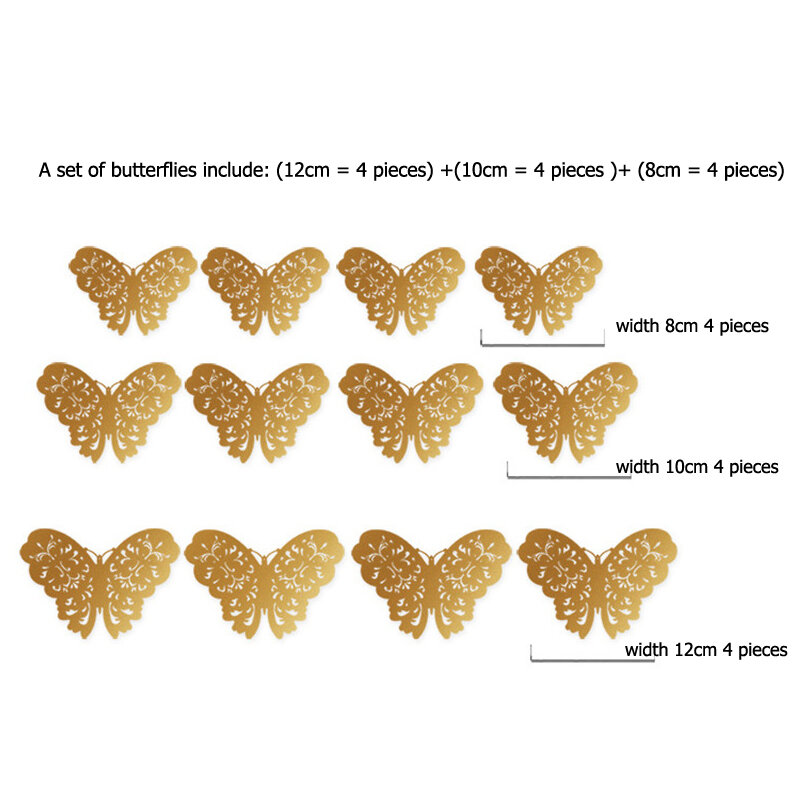 12 Buah/Set Stiker Dinding Kupu-kupu 3D Berongga untuk Dekorasi Pernikahan Ruang Tamu Jendela Dekorasi Rumah Stiker Kupu-kupu Perak Emas
