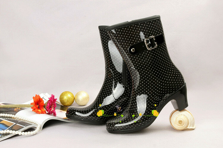 Slip -in-tube high-heeled side zipper plus velvet plus cotton boots female rubber rainboots mid calf rain boots women