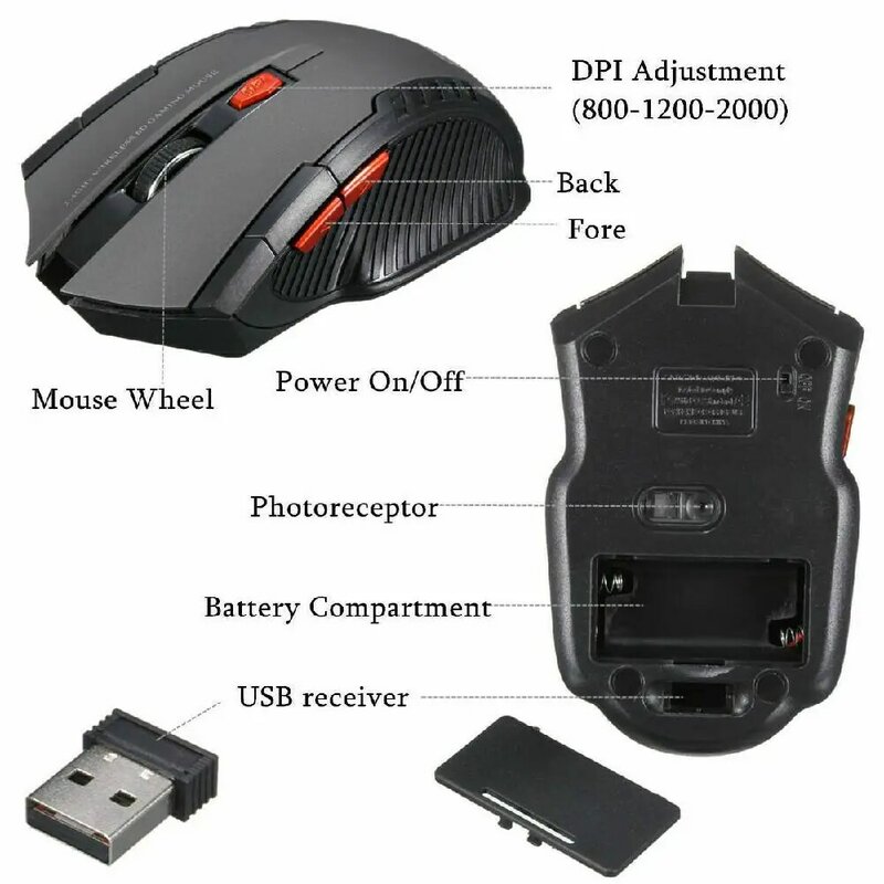 Mini ratón óptico inalámbrico para juegos de 2,4 Ghz y receptor USB para ordenador portátil