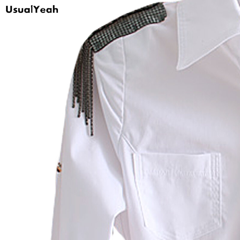 Nova mulher manga longa camisa do corpo magro ajuste turn-down colarinho formal borla epaulette blusa para o trabalho wear branco sy0279 S-XL
