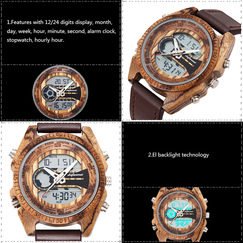 Reloj de madera Shifenmei relojes digitales de lujo de doble tiempo para hombres reloj de cuarzo japonés de madera para hombres s2139L