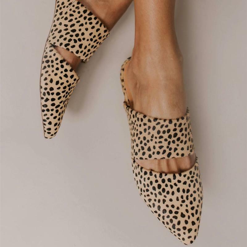 Litting verano Simple punta puntiaguda mula plana zapatillas leopardo diapositivas vacaciones sandalias señoras zapatos para mujer 2019 Slingbacks