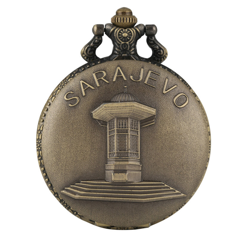 Retro bronze sarajevo sapele pavilhão fonte exibição caçador cheio de bolso relógio relógio de quartzo lembrança colar relógio presentes