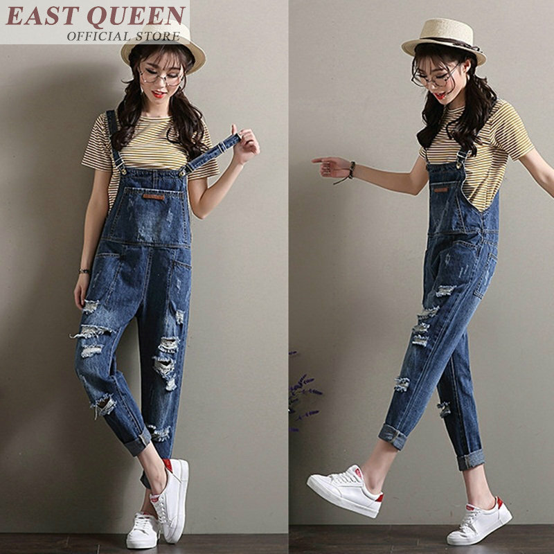 Women's jumpsuits 2018 ankle-length pants solid business overalls pockets straight ripped female denim rompers DD681 L