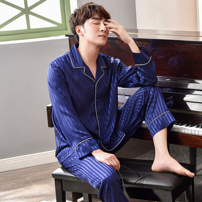 2022 conjuntos de pijama de seda azul dos homens sleepwear listrado cetim homem primavera verão terno de manga cheia pijama grandes jardas 3xl pijama masculino