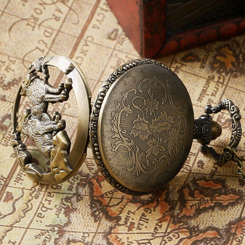 Classic Vintage Bronze Dog Wolf Hollow Quartz Fob Pocket Watch with Necklace Chain Cool Pendant Clock Gift for Women Men