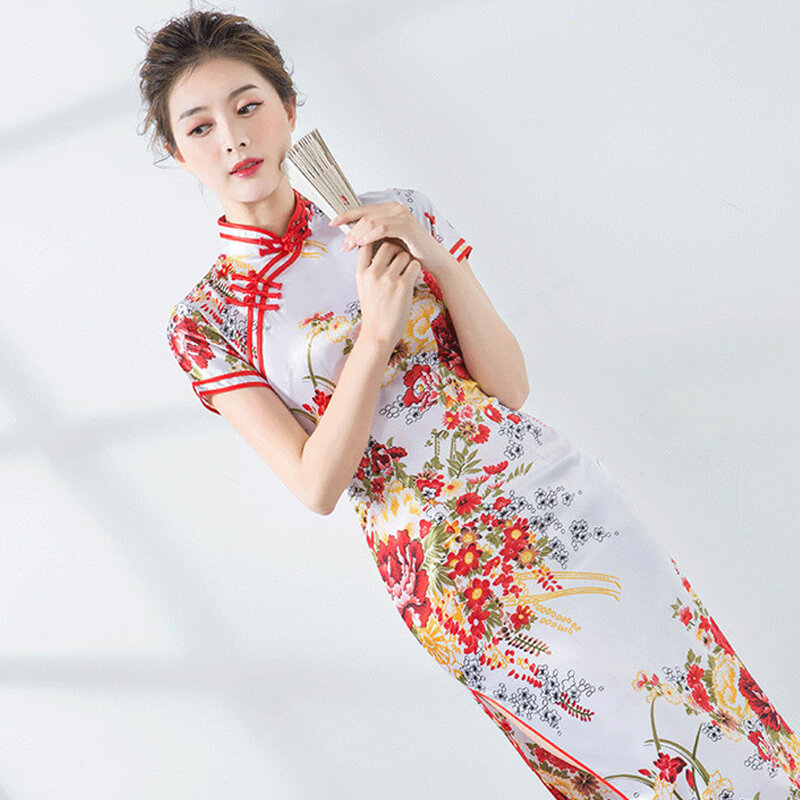 Vestido de cetim sedoso feminino, vestido elegante qipao manga curta estilo chinês tradicional para festa noturna