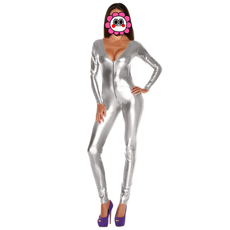 New Hot Sexy V-Neck Faux Leather Bodysuit Jumpsuit Sleeves Erotic Latex Women Club Pole Dance Costume Gold Catsuits Performance