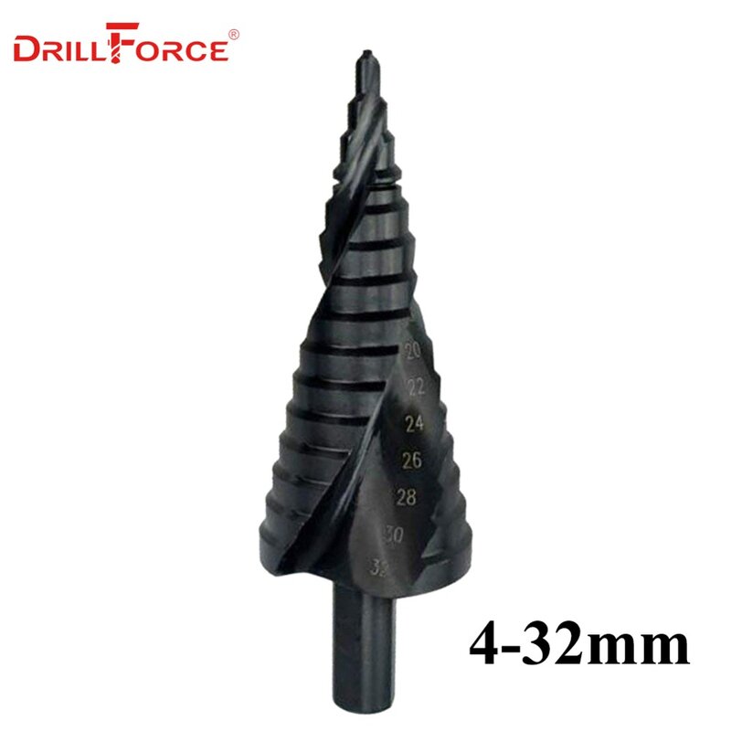Drillforce preto velocidade titânio aço passo espiral broca sulco cone cónico brocas ferramentas elétricas 4-32mm