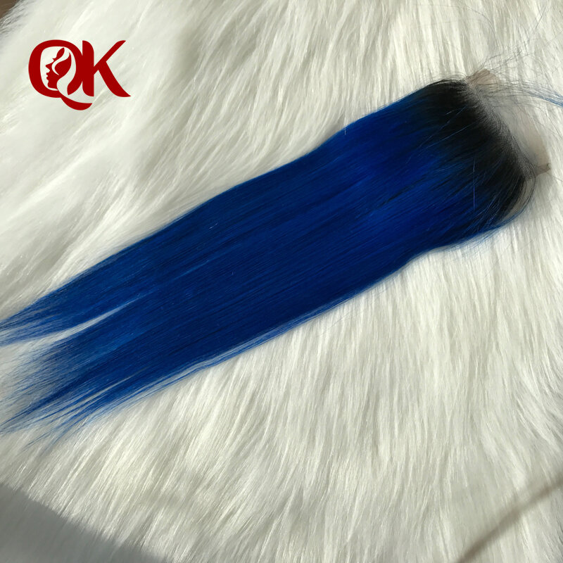 Queenking cabelo ombre pacotes com fechamento 1b/azul dois tons cabelo humano brasileiro em linha reta 3 pacotes com fechamento