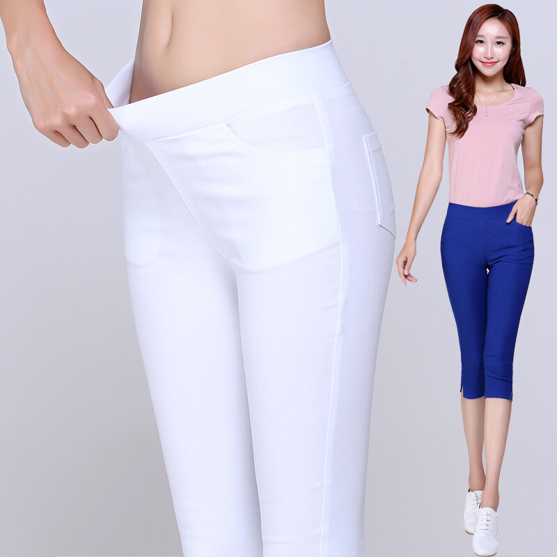 2016 verano estilo caramelo Color Capris Pantalones mujer algodón pantalones delgados señoras cintura alta elástico más tamaño S-3XL pantalones lápiz