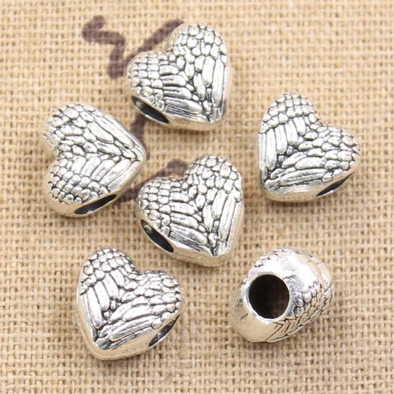 Coração Angel Wings Bead Charme Fit para Pulseiras, Cor Prata, Big Hole, Cor Prata, Atacado, DIY, 10Pcs, 11x8x11mm, 4.5mm