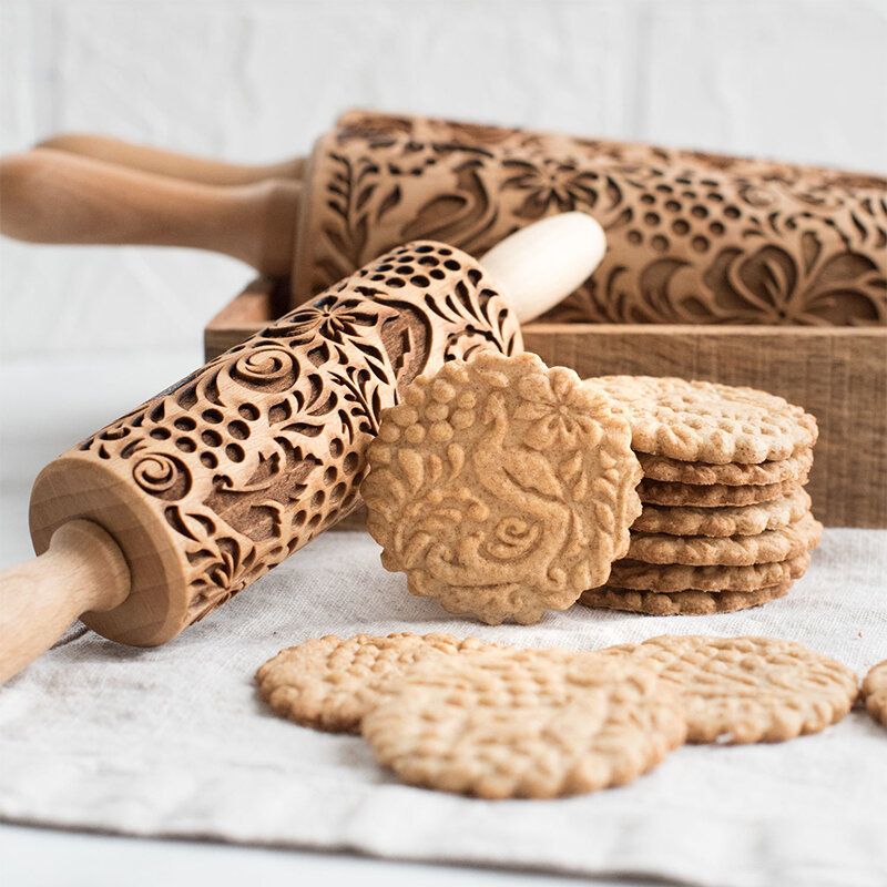 New Leaf Christmas Deer Wooden Rolling Pin Embossing Baking Cookies Noodle Biscuit Fondant Cake Dough Patterned Roller Snowflake