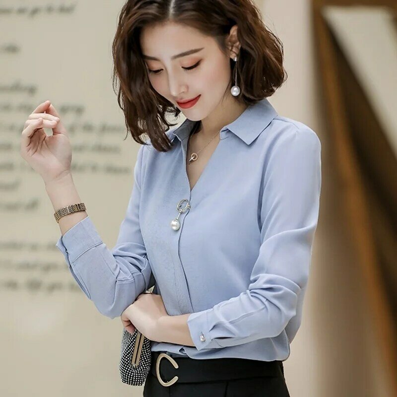 Business Women Tops And Blouses V Neck Summer Solid Color Female Shirt Ol Korean Fashion Woman Clothing Office Wear DD2079