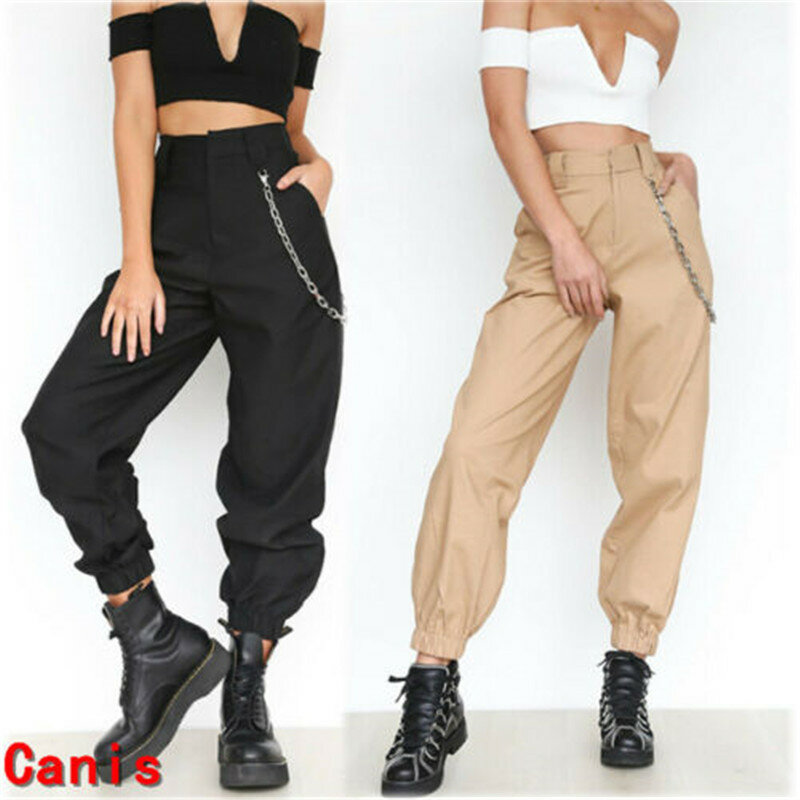 Décontracté taille haute Cargo pantalon dames lâche solide pantalon poches latérales taille élastique