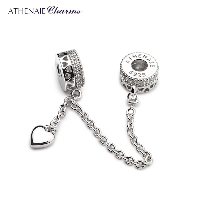 ATHENAIE 925 Sterling Silver Clear CZ Forever Love Hearts Safety Chain Charms Beads DIY Jewelry Fit European Bracelets Bangle