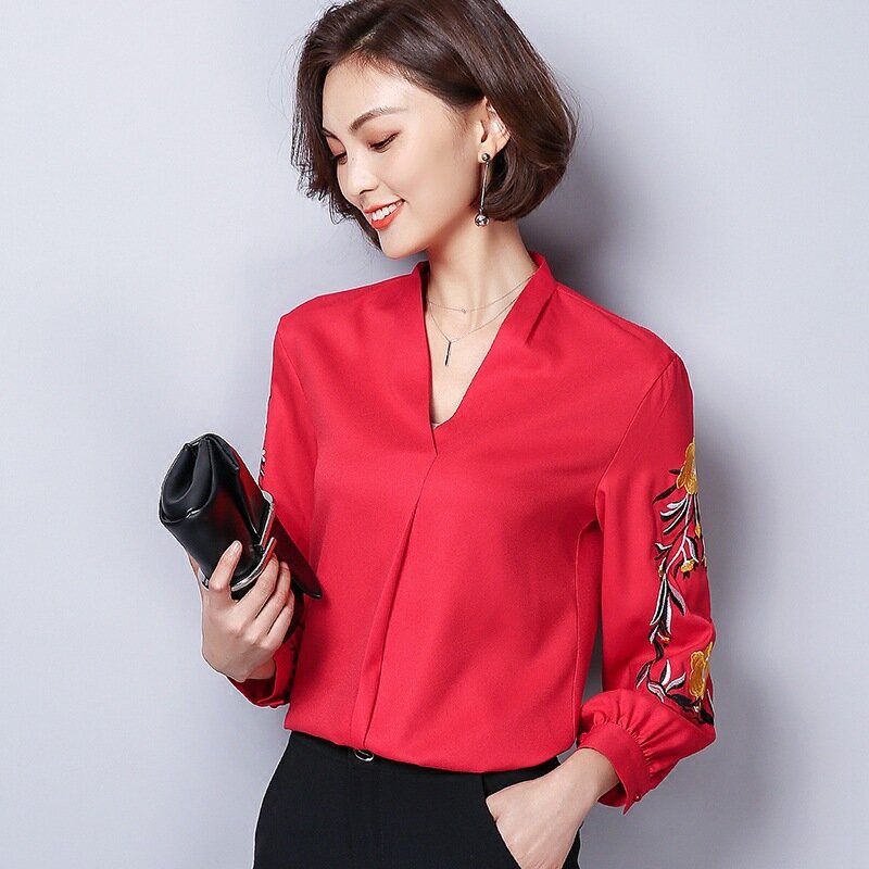 Chiffon Blouses Women Simple Long Sleeve Spring Autumn New Shirts Office Ladies V-neck Embroidered Casual Tops Clothes H9041