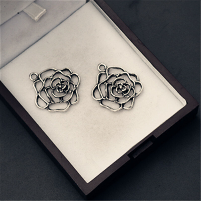 10pcs Silver Plated Hollow Metal Peony Flowers Charm Bracelet Necklace DIY Jewelry Alloy pendants 37*30mm A844