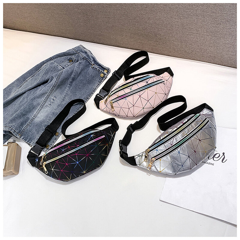 Women's Fashion Waist Packs Personalized Rock and Roll Color PU Leather Flashing Lattice Belt Bag Nerka Fanny Pack