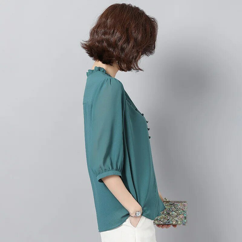 Summer Half Sleeve Fashion Chiffon Shirt Middle-aged Women Large Size Loose Blouses Pure Color V Collar Mother Top Shirts H9087
