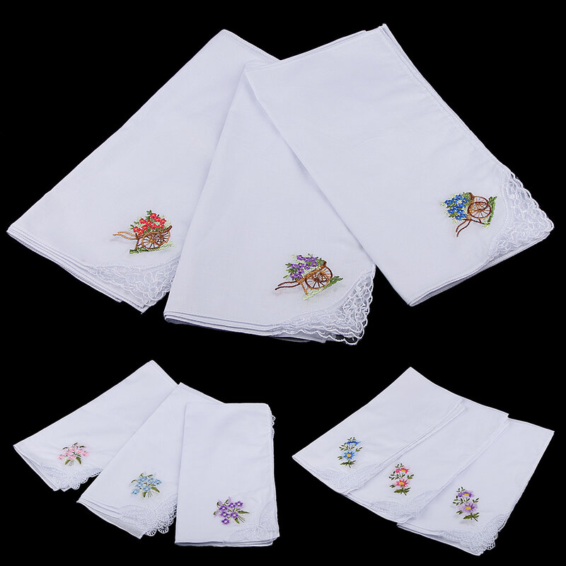 Pack of 12 Flower Embroidery   Cotton Handkerchiefs Comfy Pocket Hanky Square Handkerchiefs for Women White