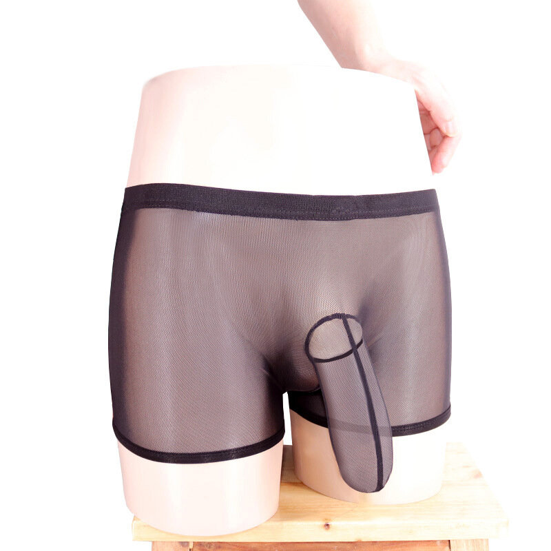Cueca boxer de malha transparente masculina, lingerie com elefante bojo preto e branco para homens gay