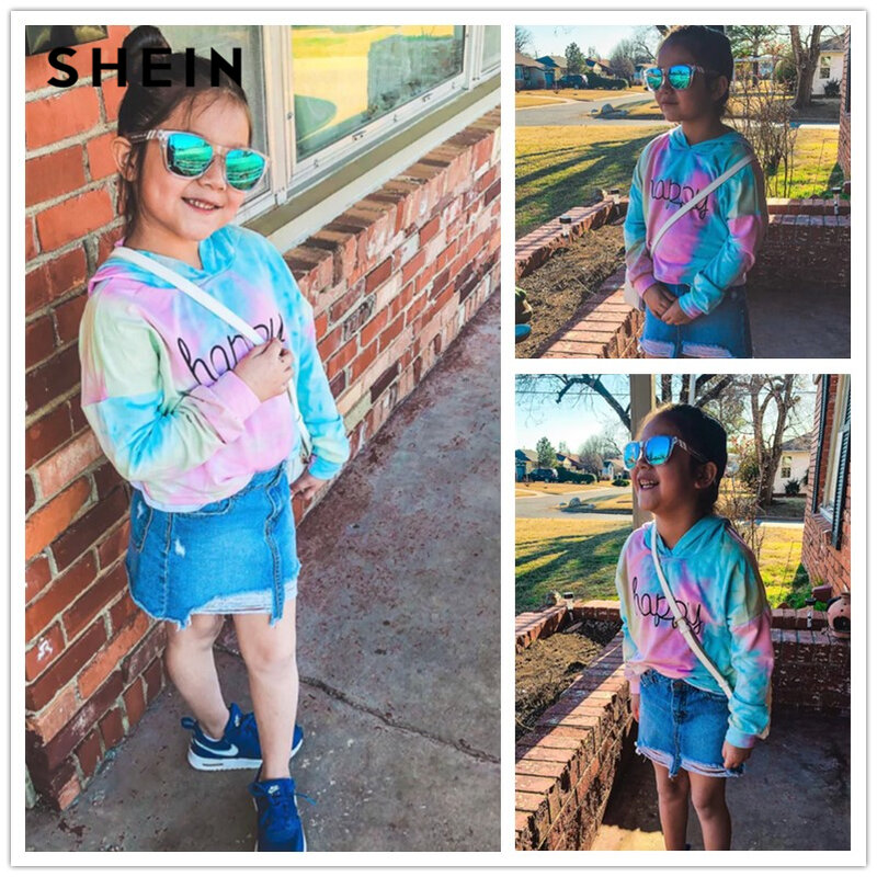Shein kiddie carta feliz impressão tie dye bonito hoodies para meninas topos 2019 primavera coreano moda manga longa camisolas para meninas