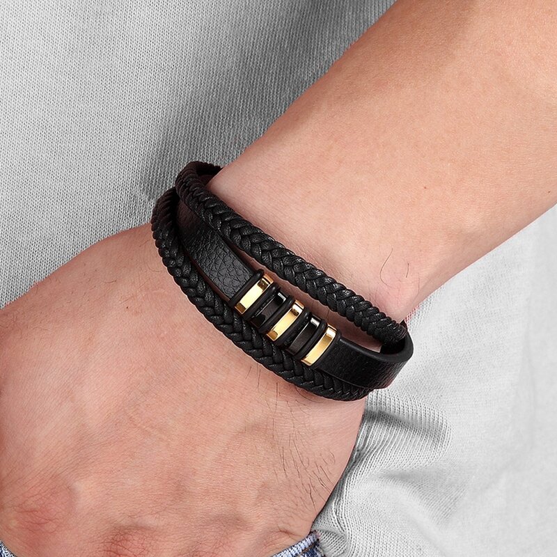 TYO-pulsera magnética de acero inoxidable para hombre, brazalete de cuero genuino trenzado Punk Rock, accesorios de joyería, color negro