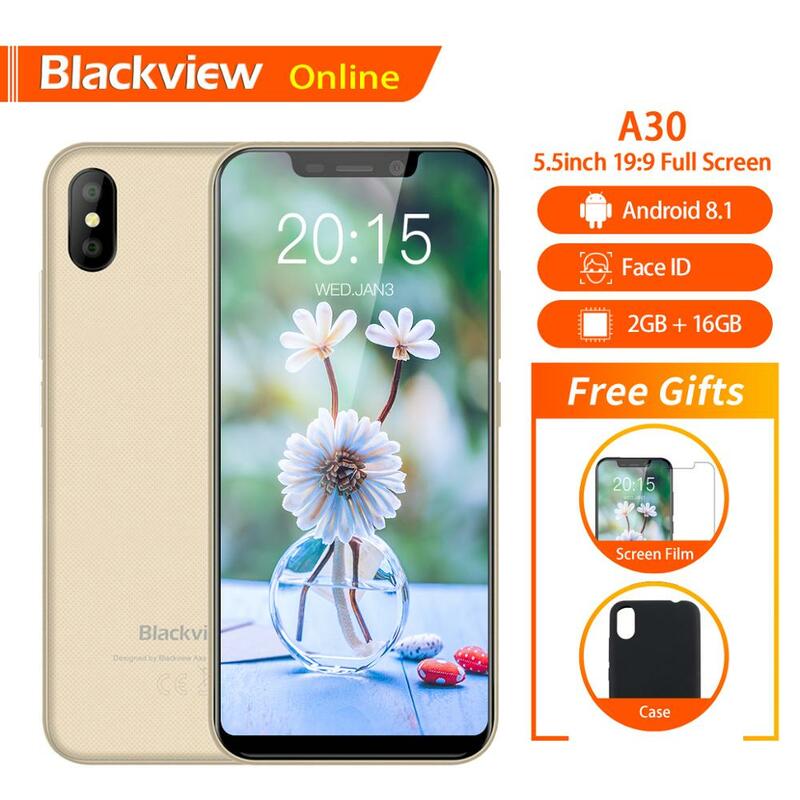Blackview Original A30 2 gb + 16 gb 5.5 "Smartphone 19:9 Tela Cheia MTK6580A Quad-Core Android 8.1 dual SIM Cara ID Telefone Móvel