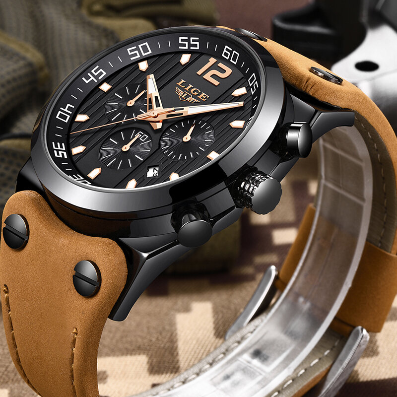 LIGE-reloj analógico con correa de cuero para hombre, accesorio de pulsera resistente al agua con cronógrafo, marca de lujo deportivo de complemento masculino con diseño moderno, nuevo
