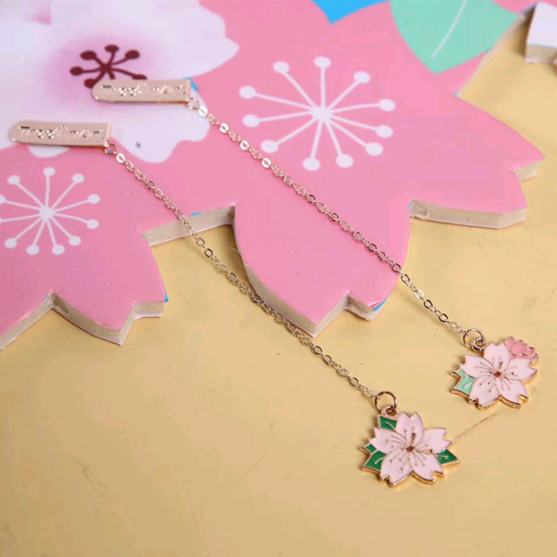 Romântico Sakura Rosa Corrente de Metal Pingente Escola Material de Escritório Papelaria Estudante Marcador Marcador de Página