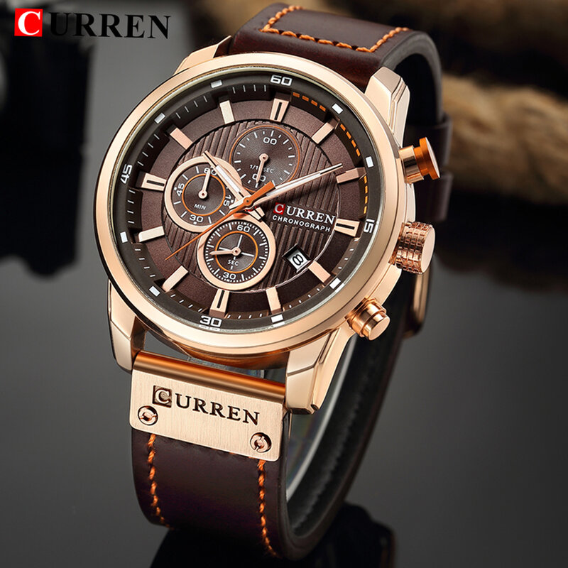 Mens Watches Top Brand Luxury Fashion Casual Waterproof Chronograph Date Genuine Leather Sport Military Male Clock CURREN 8291