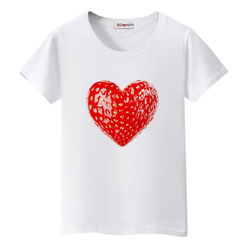 Bgtomate fresa corazón camiseta diseño creativo camiseta mujeres hermosas tops rojo gráfico camisetas amigos camisa femenina
