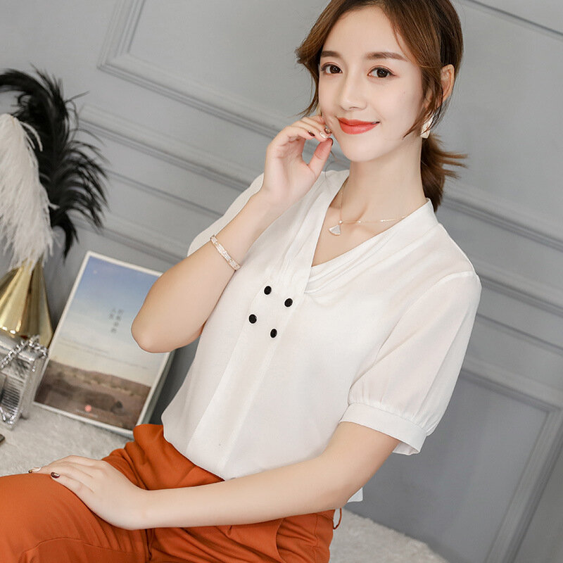 새로운 한국 쉬폰 셔츠 여성 패션 퓨어 컬러 반팔 V 칼라 블라우스 여성 숙녀 봄 여름 얇은 셔츠 탑 H9105
