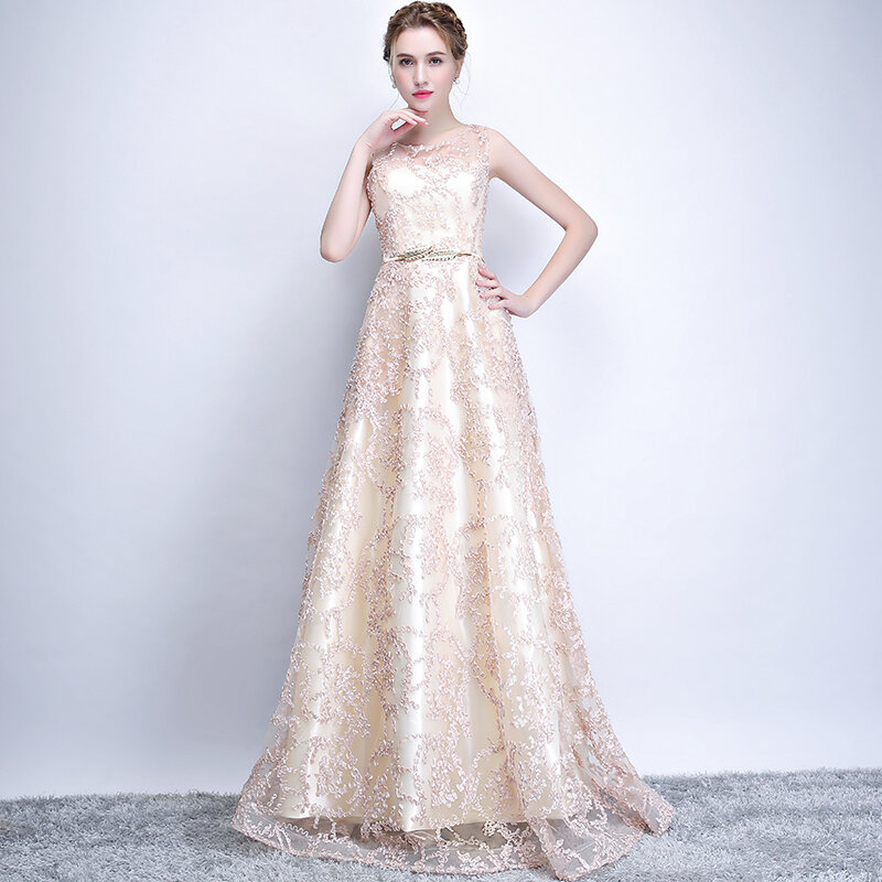 Женское длинное вечернее платье Ladybeauty, элегантное банкетное платье цвета шампанского, кружевное, в пол, без рукавов