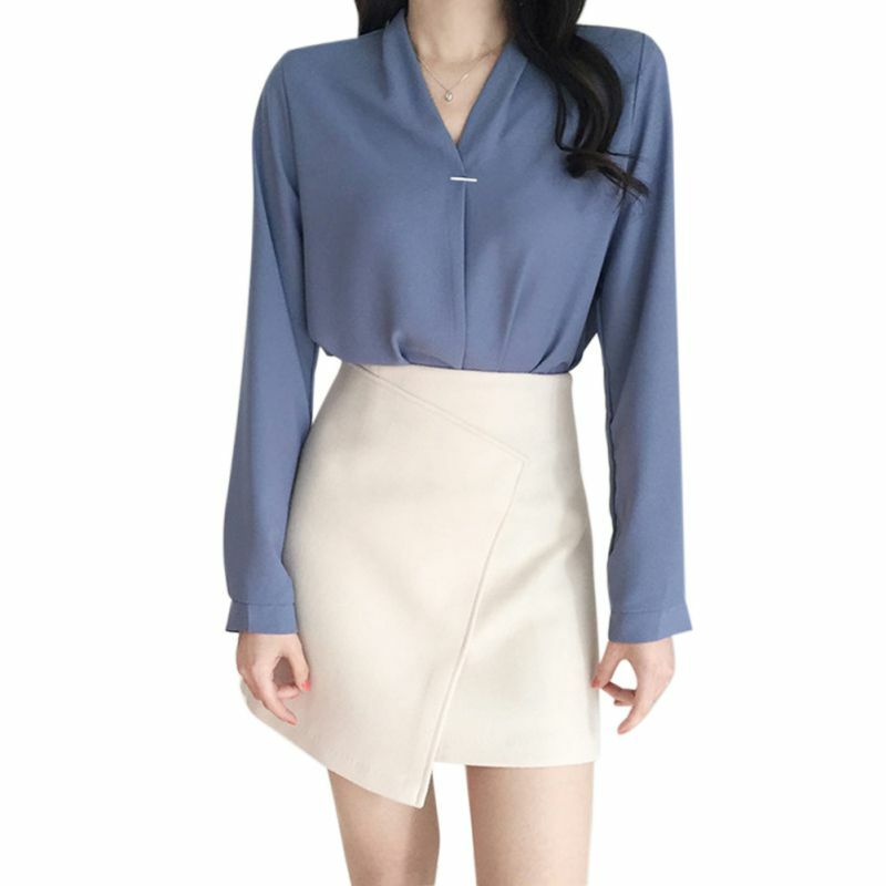 office Lady Chiffon Blouse Shirt Summer Blouse Tops Long Sleeve V Neck Female Blouse