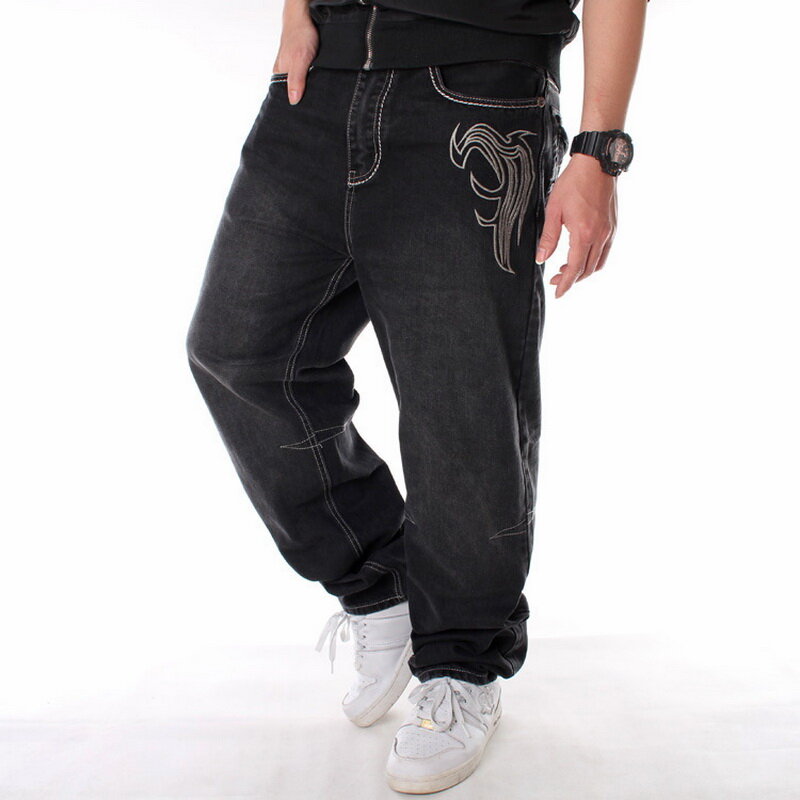 Street Dance Brede Benen Baggy Jeans Mannen Mode Borduren Zwart Losse Board Denim Broek Mannelijke Rap Hip Hop Jeans Plus size 30-46