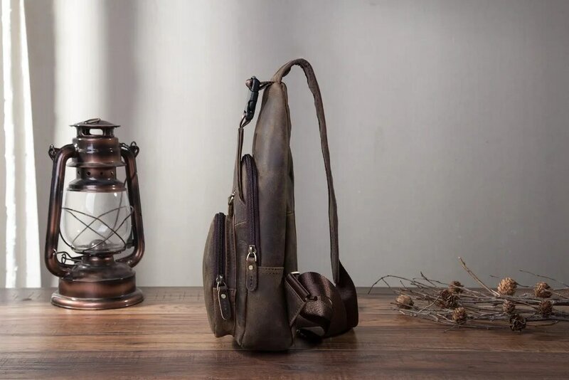 Soft Real Leather Men Vintage Travel Triangle Chest Sling Bag Design 8" Tablet One Shoulder Strap Bag Day-pack For Male 8015