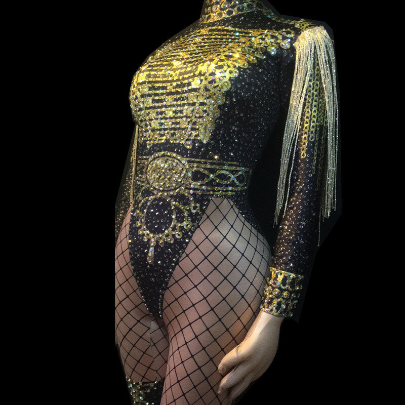 Roupa feminina de luxo, traje para show de dança, boate, cantoras, roupa de palco, com cristais de ouro preto brilhante e borla