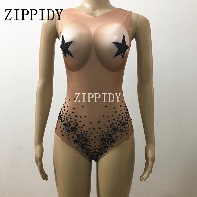 Fashion Sexy Stretch Nude Bodysuit Women's Nightclub Wear Stars Crystals Bodysuit Outerwear Dance Outfit Performance