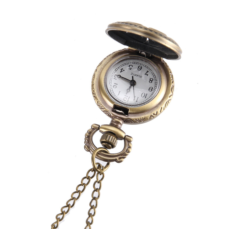 Relógio de bolso do vintage cor bronze relógio de quartzo legal corrente oco pequena flor capa relógios trompete 6 folha flor bolso presente