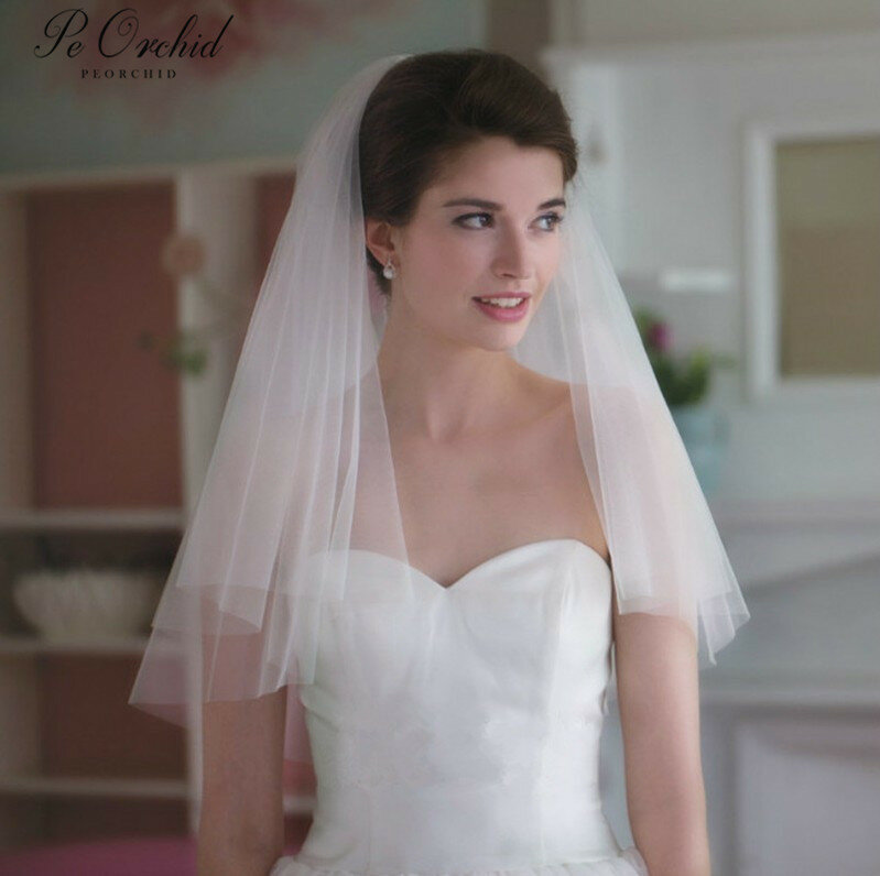 Véu de casamento curto de duas camadas peorchid com pente barato dodatki weselne borda corte elegante tule macio branco/marfim véus de noiva