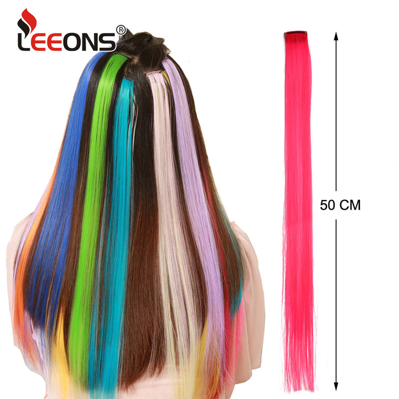 Raiinbow-extensiones de cabello sintético, extensiones de cabello sintético liso, 18 "de largo, color rosa, Morado, rojo y azul