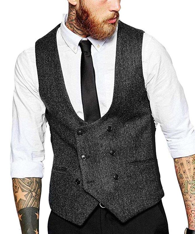 2020 nowych mężczyzna dwurzędowy kamizelka Slim Fit wełniany/tweedowy garnitur kamizelka Top na co dzień jakości wzór w jodełkę kamizelka Groomsmen