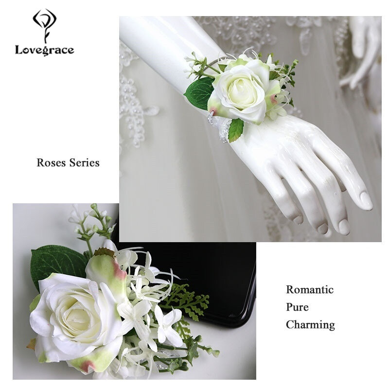 Lovegrace-Broche White Rose Silk Vintage, Corsages e Boutonnieres do Noivo, Festa de Casamento, Acessórios Nupciais para Decoração Masculina