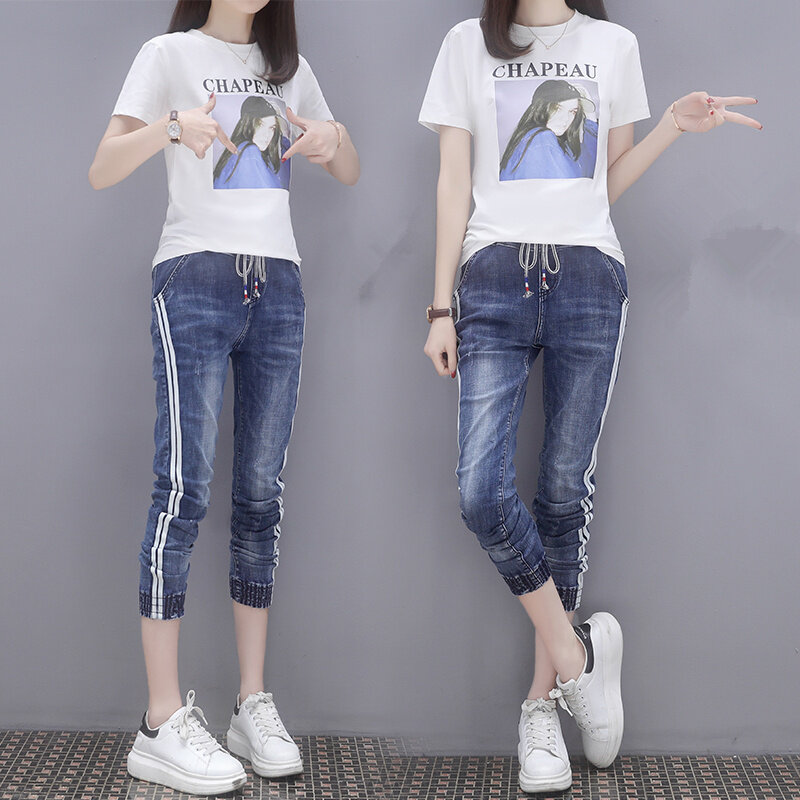 Conjunto de roupas feminino 2 peças, camiseta de manga curta + jeans com estampa de desenho animado e lantejoulas, nova moda 2019